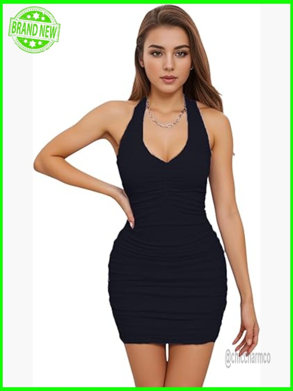V-Neck Cowl Halter Spaghetti Strap Ruched Bodycon Mini Dress Sleeveless Party